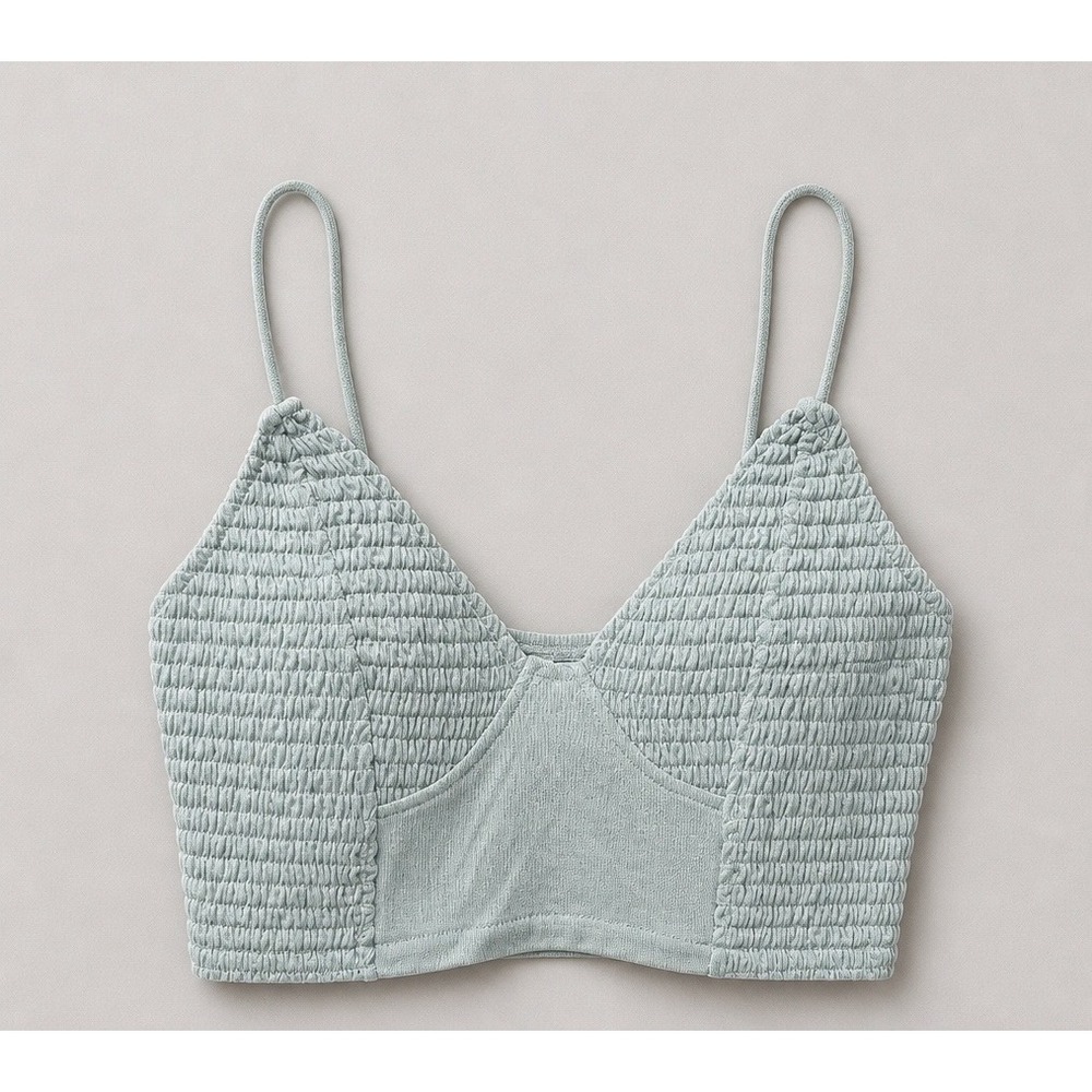 Zenana Women Seafoam Blue Smocked Crop Cami Top V-Neck Bralette RT-8013AB Medium